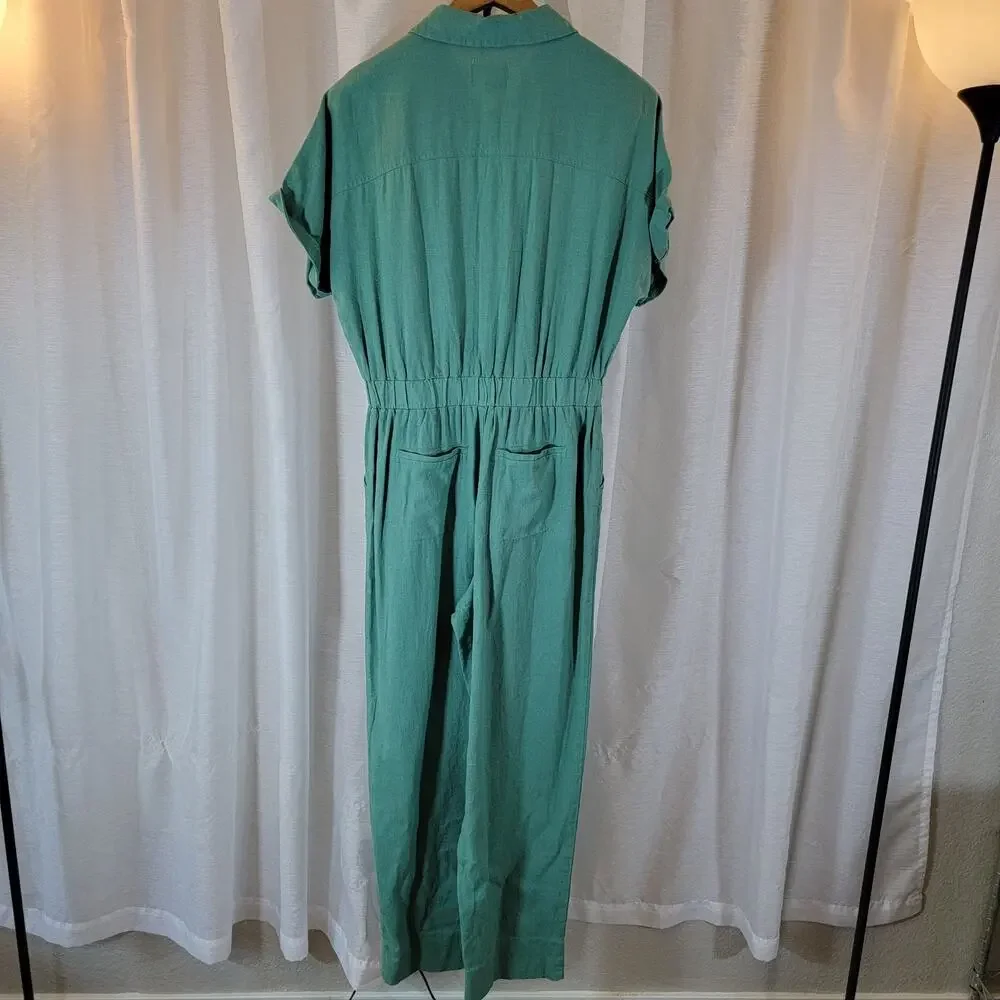 NWT Short-Sleeve Linen Boilersuit Sz 4 Green Jumpsuit Tie Waist Universal Thread - Picture 3 of 8